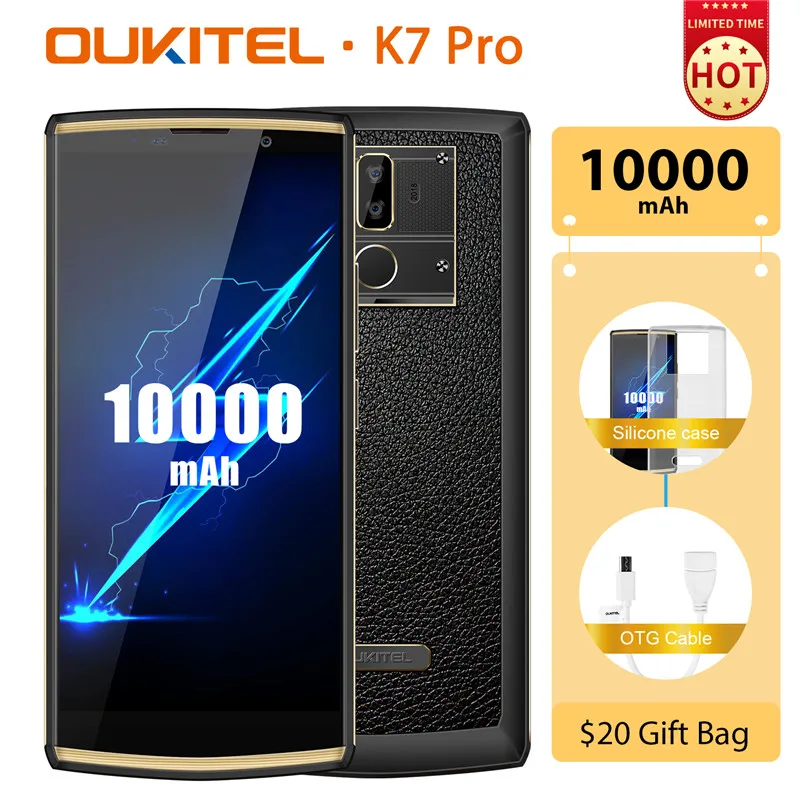 

Oukitel K7 Pro 10000mAh Android 9.0 MT6763 4GB RAM 64GB ROM 6.0" 18:9 Face ID 13MP+5MP Camera Fingerprint Mobile Phone