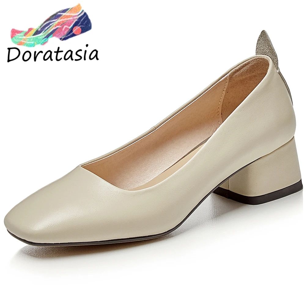 DORATASIA New Spring Girl Quality Genuine Leather Pumps Ol Square Toe Pumps Women Med Chunky Heels Shoes Woman
