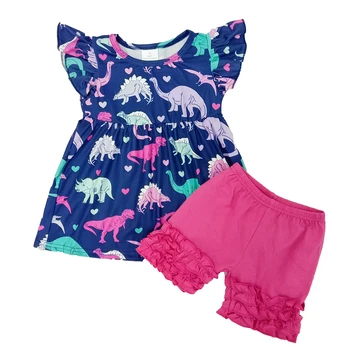 

kid boutique clothing summer girl 2 pcs outfit set infant clothes dinosaurs full printed tunic ruffle shorts girl set clothing