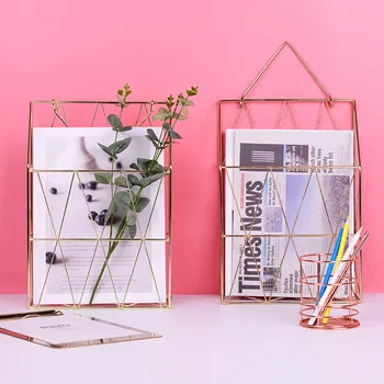 Nordic Rose Gold Wrought Iron Storage Basket Portable Wall Hanging Newspaper Finishing Basket Rack Book Magazine Organizer Shelf
