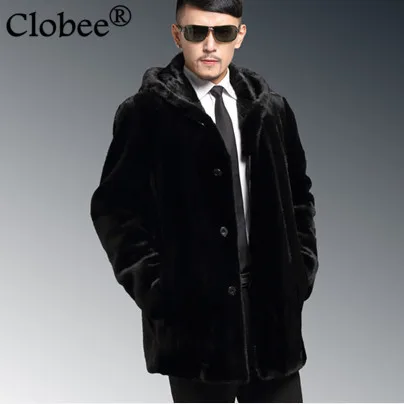 fur coat men Faux Mink Fur 2020 Hooded Elegant Business Men's Overcoat Long Luxury Plus Size Coat Outwear V544 | Мужская одежда