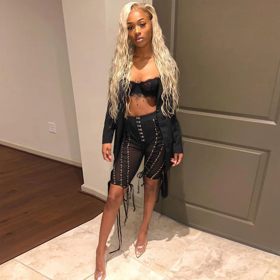 2020 New Sexy Womens Set Long Sleeve Cutout Jacket and Perspective Mesh Tassel Pants 2 Two Piece Club Celebrity Party Pants Set