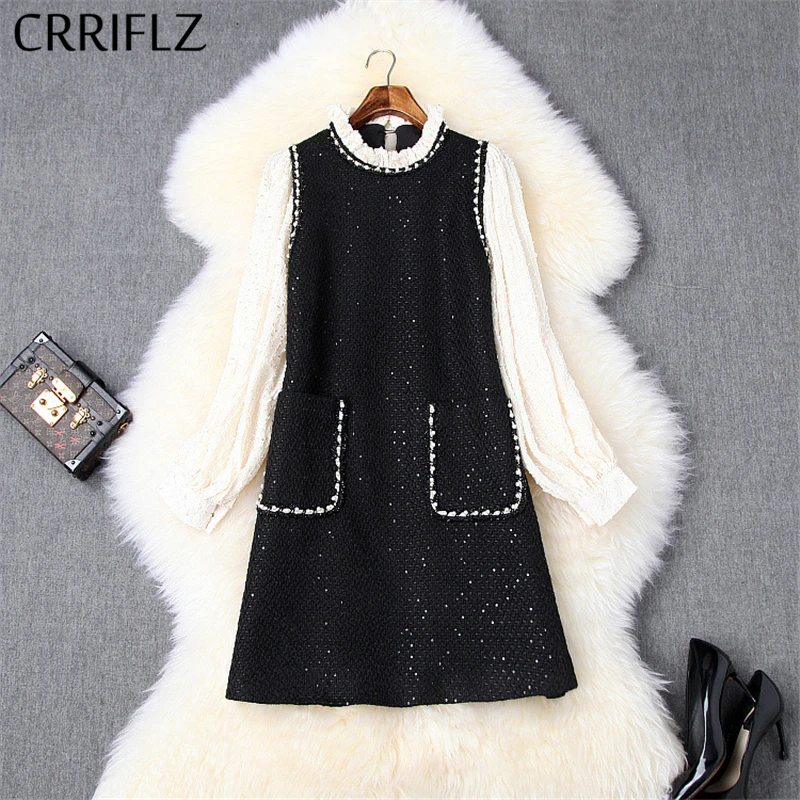 Short Beading Tweed Dress Women New Packwork Lantern Sleeve Dress Waveselvedge Stand Collar Slim Black White Ladies Party Dress
Short Beading Tweed Dress Women New Packwork Lantern Sleeve Dress Waveselvedge Stand Collar Slim Black White Ladies Party Dress