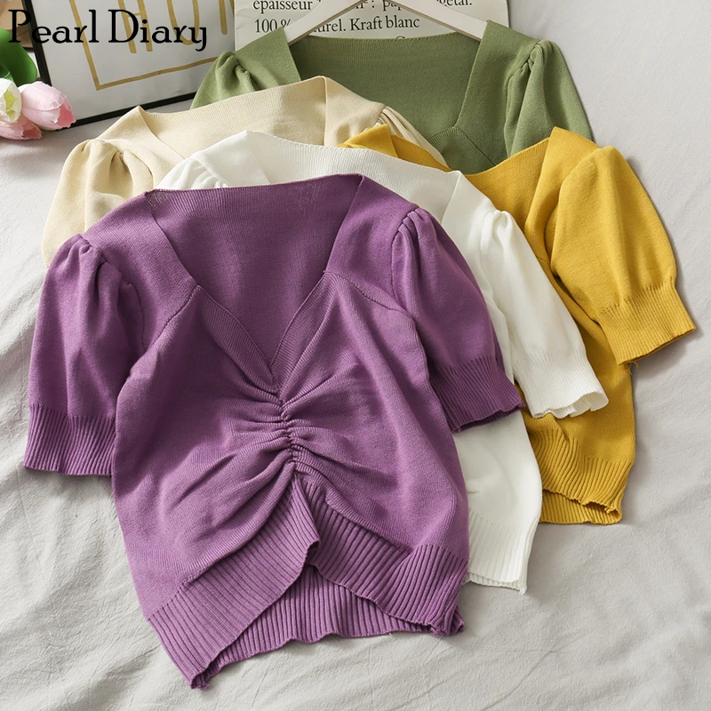 Pearl Diary Women Knit Crop Top V Neck Sweater Short Top Korean Style Summer Short Sleeve Top Front Shirring Elegant Women Shirt
Pearl Diary Women Knit Crop Top V Neck Sweater Short Top Korean Style Summer Short Sleeve Top Front Shirring Elegant Women Shirt