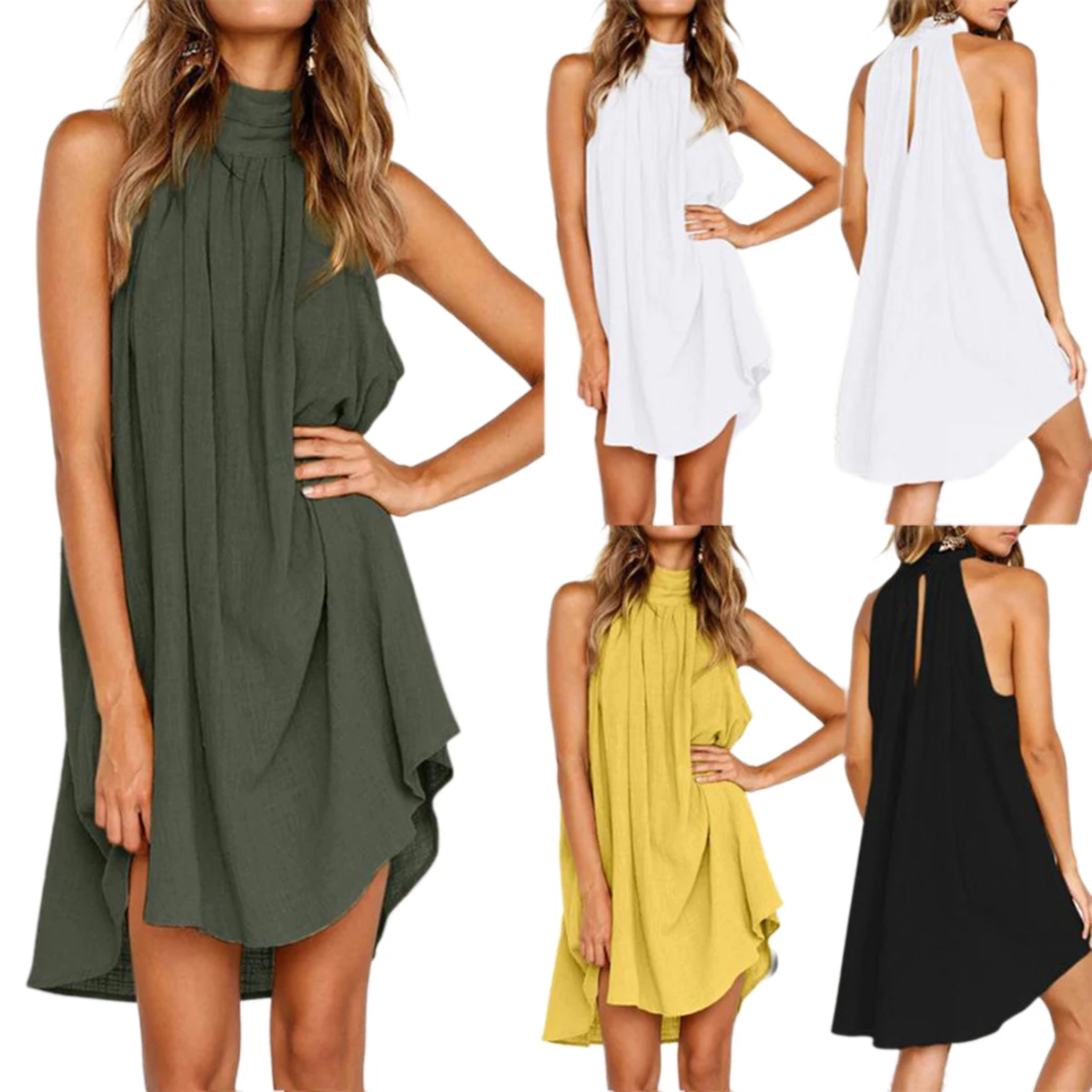 Women Solid Color Strapless Sundress, Sleeveless Round Neck Irregular Halter Dress Sexy Backless Clothes
Women Solid Color Strapless Sundress, Sleeveless Round Neck Irregular Halter Dress Sexy Backless Clothes