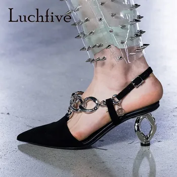 Chain Embellished Slingbacks Metal Strange Heel Pointed Toe Runway Shoes Spike Party Shoes Women
Chain Embellished Slingbacks Metal Strange Heel Pointed Toe Runway Shoes Spike Party Shoes Women