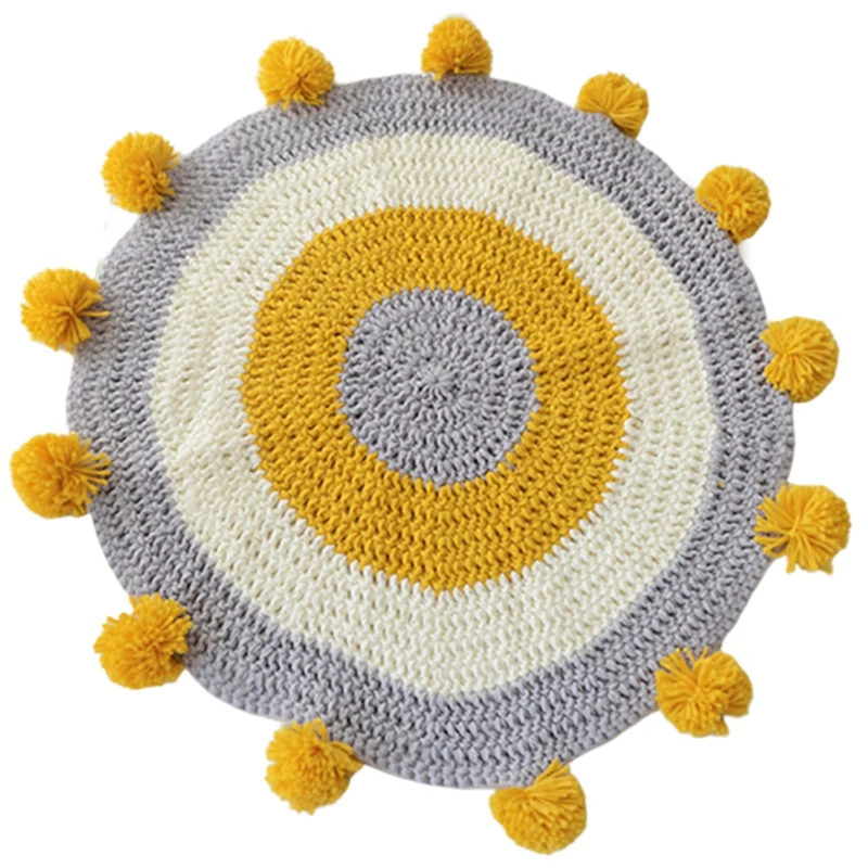 Handmade Round Rug Circle Knitted Pompom Mat for Kids Play Area Rug 80X80cm Nursery Room Living Room