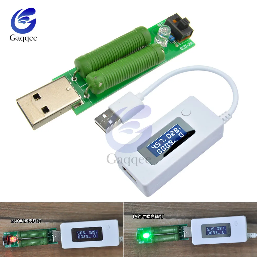 

LCD USB Discharge Interface Load Resistor with Switch 1A Green 2A Red LED battery capacity voltage discharge resistance tester