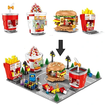 Mini City Streetscape Building Block Hamburger Fries Cola Ice Cream Girl Building Block Assembling Classic Educational DIY Toy