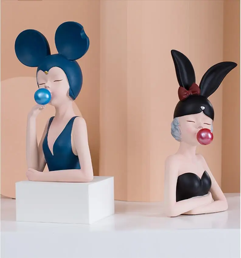 

Nordic Blowing Bubble Cat Rabbit Girls Resin Figurines Home Livingroom Table Statue Decoration Office Desktop Sculpture Crafts