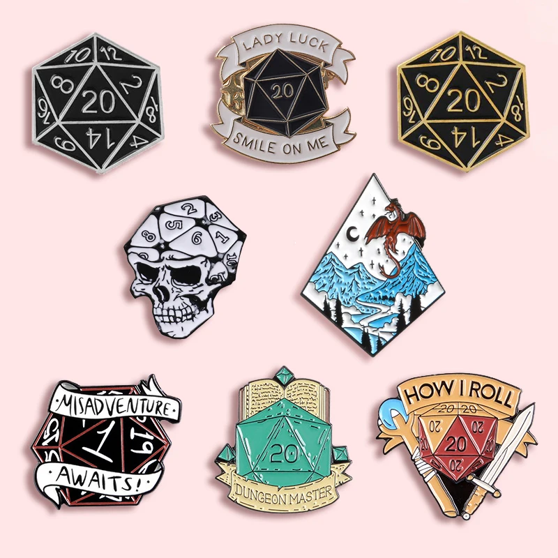 

20 Face Dice Metal Enamel Brooch Fashion Personality D20 DnD Dice Game Badge Pin Cartoon Trendy Costume Backpack Jewelry Gift