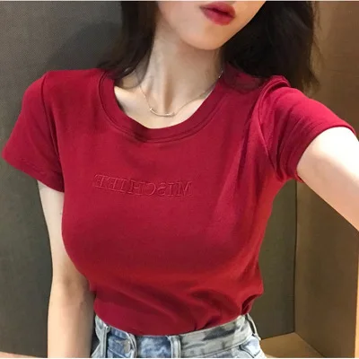 Фото Повседневная футболка с буквенным принтом женская красная коротким рукавом и
