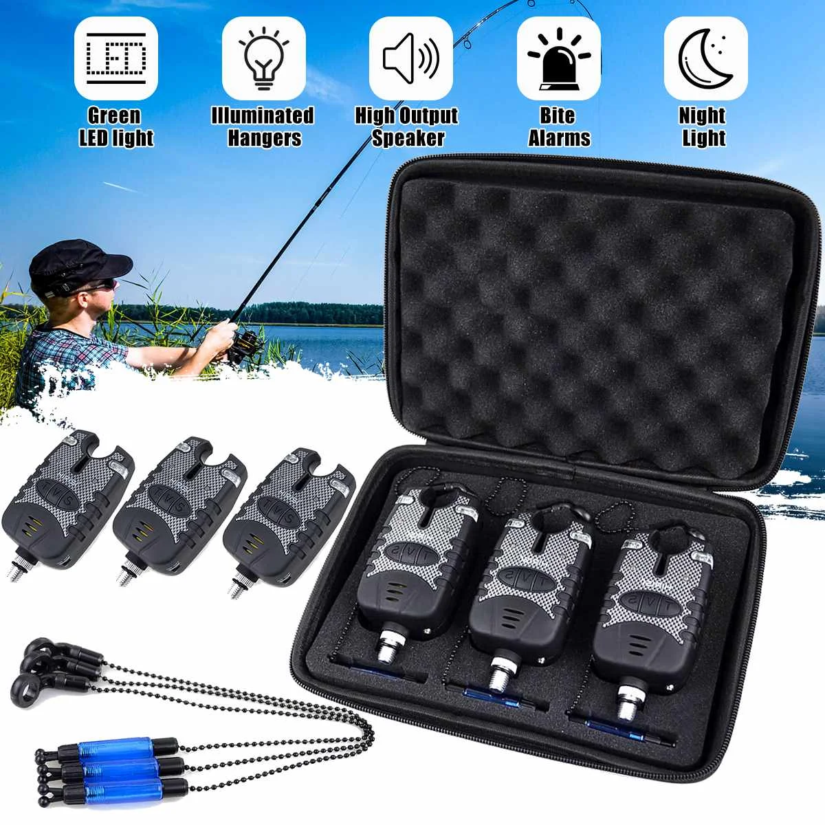 3 Carp Fishing Bite Alarm and 3 Illuminated Swinger Set Water Resistant Blue LED Night Light Fishing Swingers Fishing Tool
3 Carp Fishing Bite Alarm and 3 Illuminated Swinger Set Water Resistant Blue LED Night Light Fishing Swingers Fishing Tool