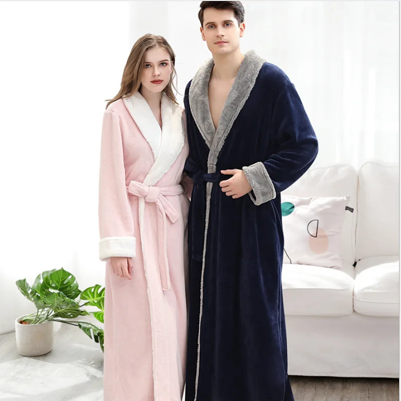 

Men Extra Long Warm Flannel Bathrobe 40-100 Kg Men Winter Coral Fleece Bath Robe Night Sleepwear Women Dressing Gown Cozy Robes