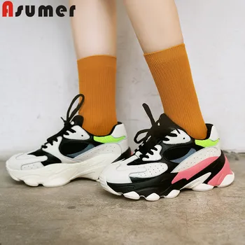 ASUMER 2020 new sneakers shoes women round toe mixed colors genuine leather shoes lace up ladies flat platform shoes women flats 
ASUMER 2020 new sneakers shoes women round toe mixed colors genuine leather shoes lace up ladies flat platform shoes women flats