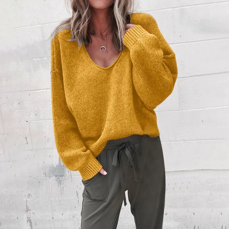 

LOOZYKIT 2019 Women Streetwear Solid V Neck Regular Sleeve Loose Pullovers Sweater Ladies Autumn Winter Warm Fashion Sweaters