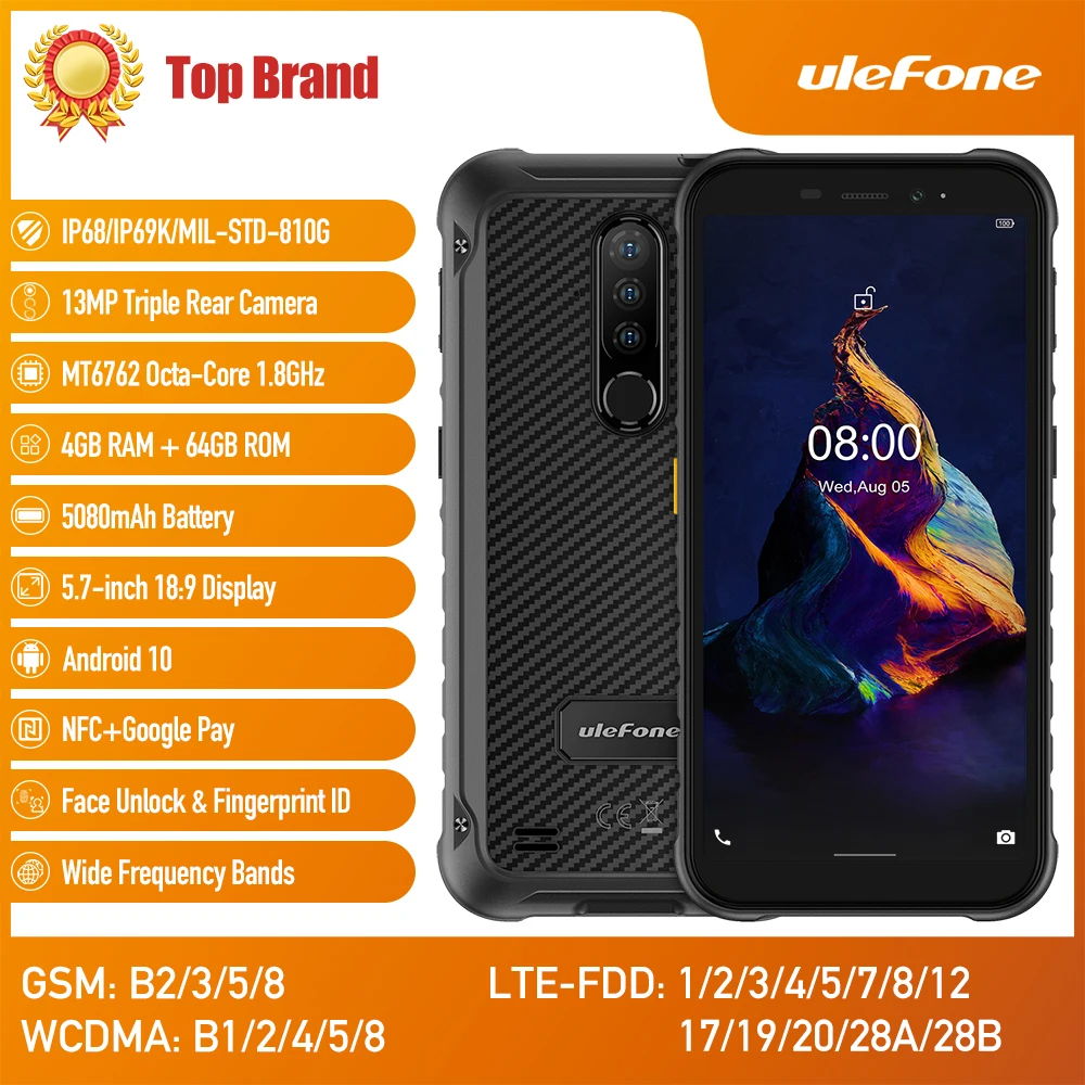 Защищенный смартфон Ulefone Armor X8 Android 10 5080 мАч 5 7 дюйма 4 Гб 64 ГБ ip68 восемь ядер NFC