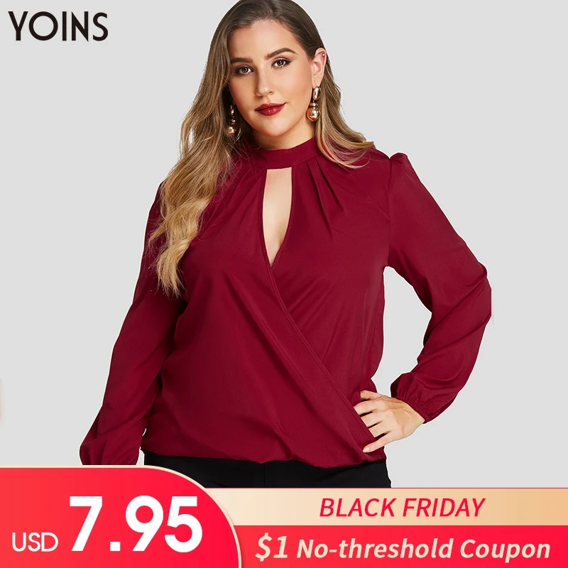 

YOINS 2019 Spring Autumn Winter Woman Blouses Shirts Plus Size Choker Neck Cut Out Button Keyhole Back Wraped Hem Regular Sexy