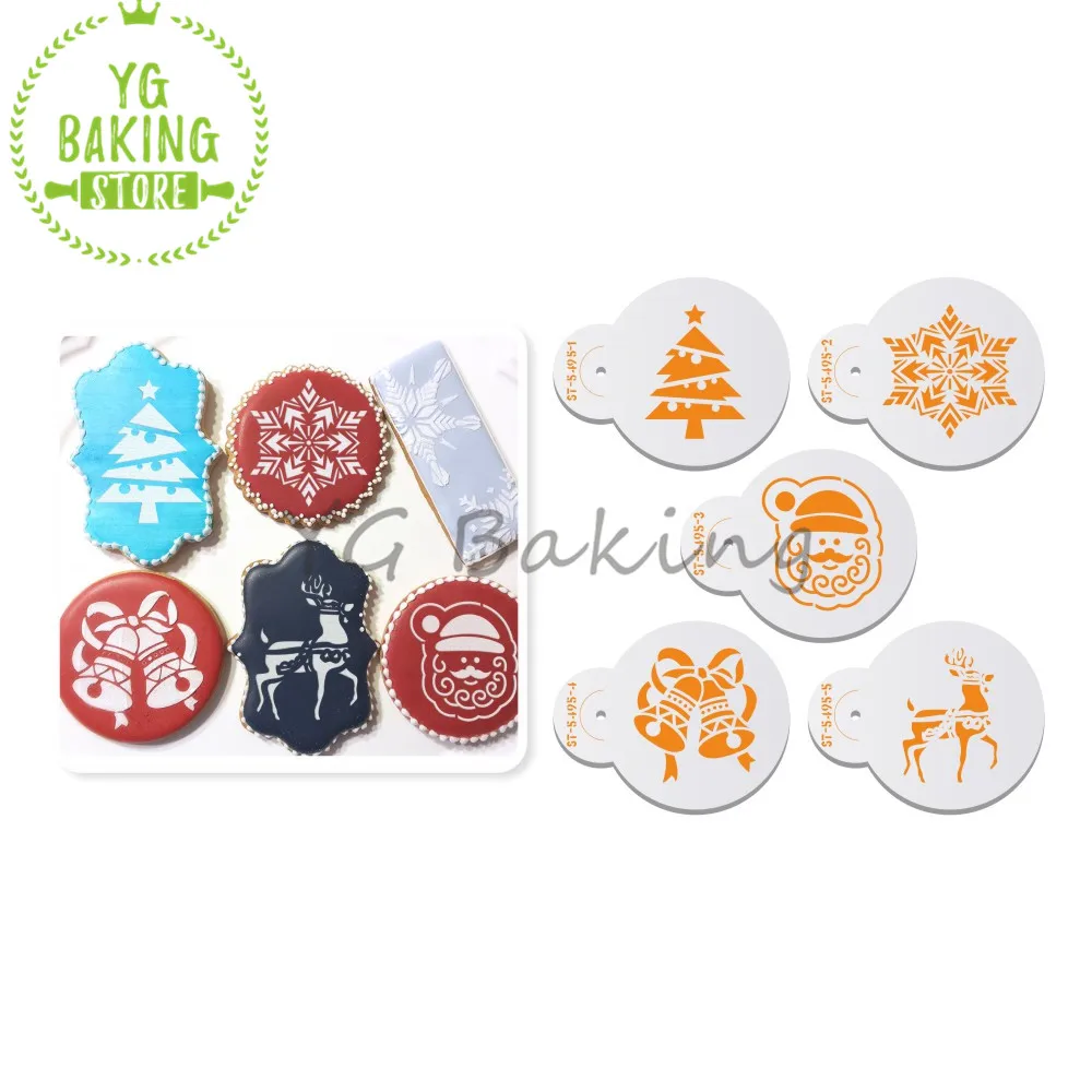 

Dorica 5 Pcs/Set Christmas Tree/Snowflakes/Santa Claus/Deer Lace Top Cookie Stencils Cupcake Pastry Tool Cake Stencil Bakeware