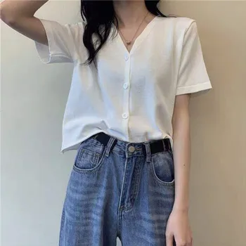 Women V-neck Solid Thin Knitted Short-sleeved Crop Top Women Short T Shirt Button Mini Tops
Women V-neck Solid Thin Knitted Short-sleeved Crop Top Women Short T Shirt Button Mini Tops