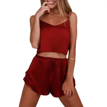 Womens Summer Satin Sexy Pajamas Set Spaghetti Straps Camisole Crop Top Wide Leg Ruffles Shorts Solid Color Lingerie Sleepwear 
Womens Summer Satin Sexy Pajamas Set Spaghetti Straps Camisole Crop Top Wide Leg Ruffles Shorts Solid Color Lingerie Sleepwear