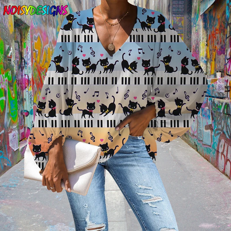 NOISYDESIGNS Gradient Music And Note Style Women Blouse Black Cat Casual Loose Long Sleeve Tops V-neck Shirts Clothes
NOISYDESIGNS Gradient Music And Note Style Women Blouse Black Cat Casual Loose Long Sleeve Tops V-neck Shirts Clothes