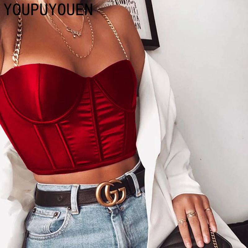 2020 Cami Crop Top Sexy Satin Women Chain Tops Short Camisole Corset Spaghetti Strap Summer Bralette Backless Croptop Black Red