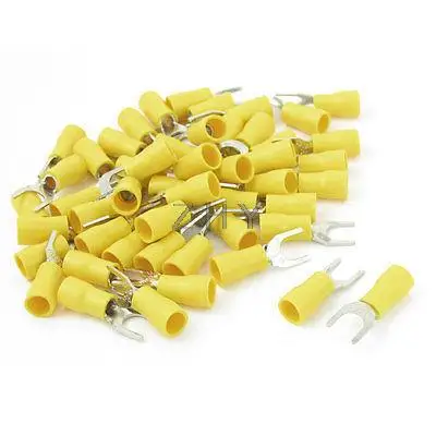50 Pcs Yellow 6.5mm Bolt Furcate Pre Insulated Fork Terminal AWG12-10