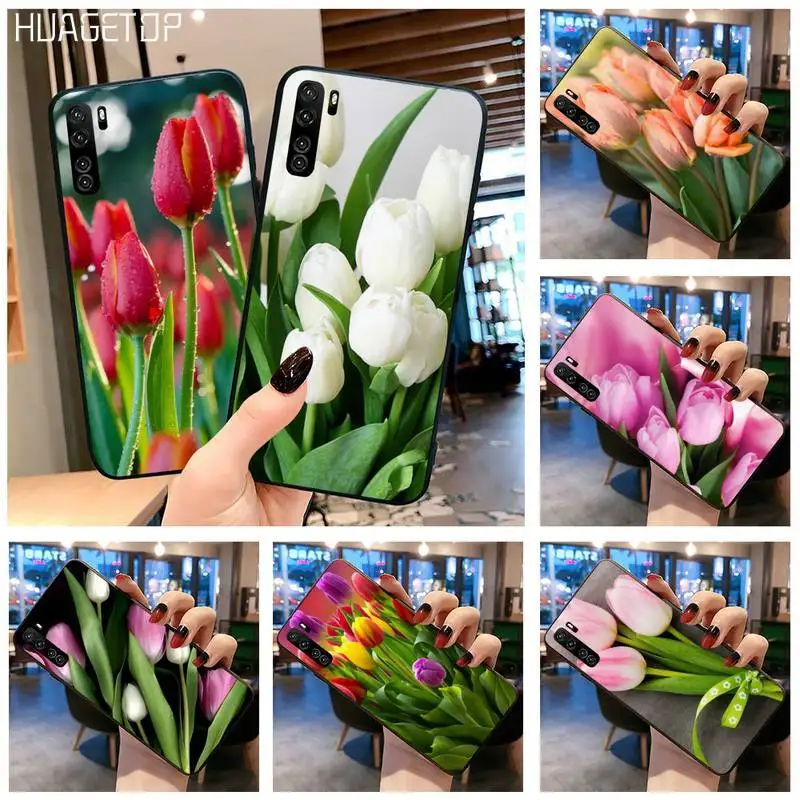 HUAGETOP тюльпаны цветок пружина силиконовый черный чехол для телефона Huawei P40 P30 P20 lite