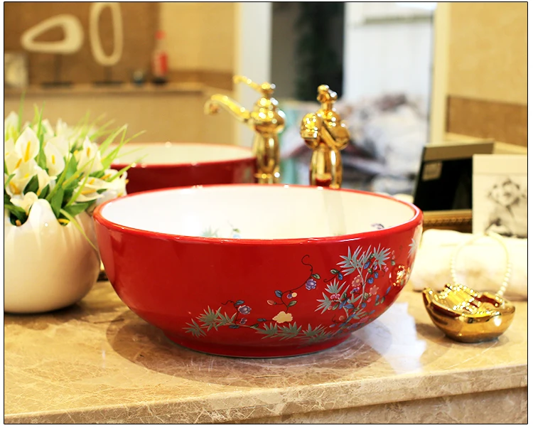 Red China Artistic Europe Style Counter Top porcelain wash basin bathroom sinks ceramic art basin bowls flower and bird (4)