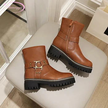 Street style round toe ankle boots fashion rivets buckle platform black brown high heel thick motorcycle boots women's shoes
Street style round toe ankle boots fashion rivets buckle platform black brown high heel thick motorcycle boots women's shoes