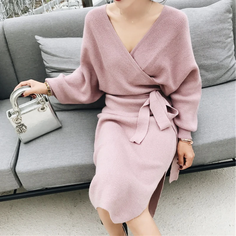 WHOSONG Elegant V Neck Sashes Irregular Knitted Sweater Dress Women Long Sleeve Autumn Winter Sweaters Sexy Split Side Dress
WHOSONG Elegant V Neck Sashes Irregular Knitted Sweater Dress Women Long Sleeve Autumn Winter Sweaters Sexy Split Side Dress