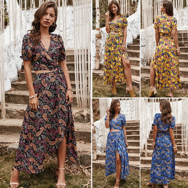 Women Boho Print V Neck Short Sleeve Lace-up Crop Tops and Long Skirts Beach Maxi Split Skirts Suit
Women Boho Print V Neck Short Sleeve Lace-up Crop Tops and Long Skirts Beach Maxi Split Skirts Suit