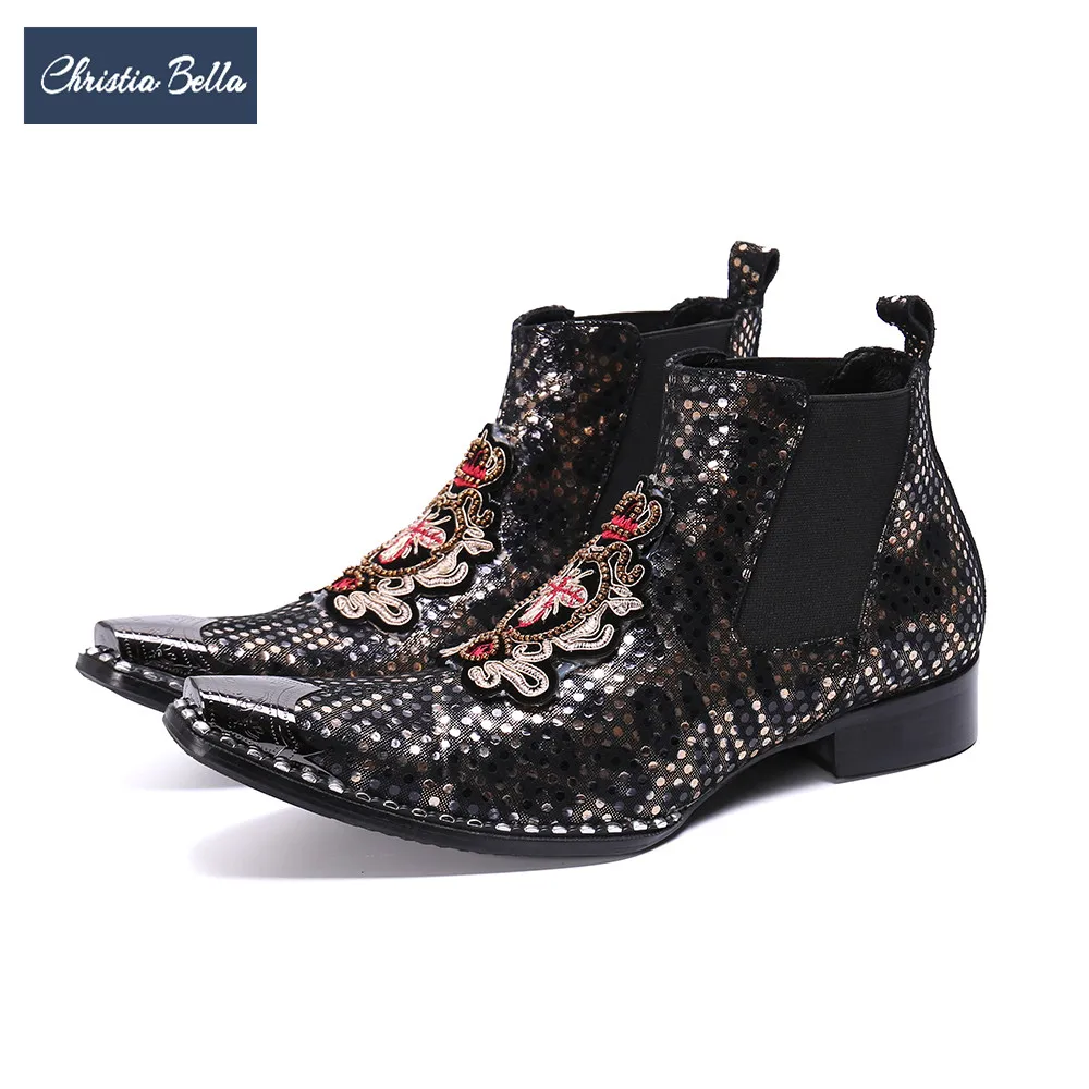 Christia Bella British Style Gold Embroidery Men Chelsea Boots Fashion Party Wedding Dress Boots Plus Size Slip on Ankle Boots 
Christia Bella British Style Gold Embroidery Men Chelsea Boots Fashion Party Wedding Dress Boots Plus Size Slip on Ankle Boots