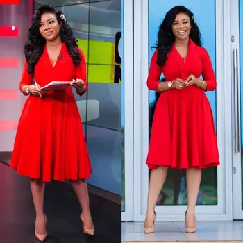 Office Ladies Elegant Red V Neck 3/4 Sleeve A Line Pleated Knee Length Dress Modest Work Wear African Dinner Date Dresses 
Office Ladies Elegant Red V Neck 3/4 Sleeve A Line Pleated Knee Length Dress Modest Work Wear African Dinner Date Dresses