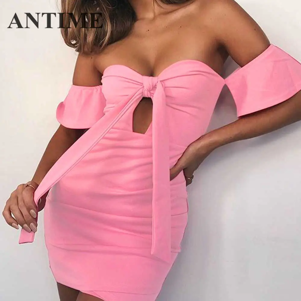 ANTIME Mini Bodycon Pink Dress Sheath Short Sleeve Pure Color Strapless Spring Summer Casual Women Pleated Dresses with Bow
ANTIME Mini Bodycon Pink Dress Sheath Short Sleeve Pure Color Strapless Spring Summer Casual Women Pleated Dresses with Bow
