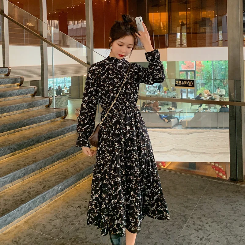 

Photo Shoot CHIC Wisdom Smoked Skirt French GIRL'S High-waisted Slimming Half-Turtle-Neck Elegant over-the-Knee Long Floral Dres