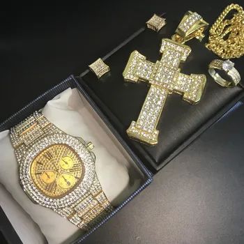 Luxury Men Gold Watch Hip Hop Men Necklace Ice Out Cuban Men Watch&Necklace & Ring & Earrings Combo Set Hip Hop Jewerly For Men
Luxury Men Gold Watch Hip Hop Men Necklace Ice Out Cuban Men Watch&Necklace & Ring & Earrings Combo Set Hip Hop Jewerly For Men