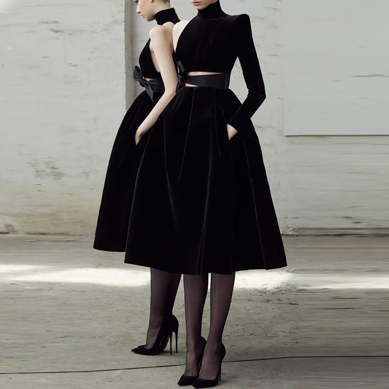 Elegant Black High Neck Tea Length Velvet Evening Dress 2020 One Shoulder Prom Party Dresses Bow Sash Dubai Kaftan Gowns
Elegant Black High Neck Tea Length Velvet Evening Dress 2020 One Shoulder Prom Party Dresses Bow Sash Dubai Kaftan Gowns