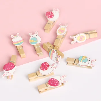 

10pcs Wooden Pegs with Linen Rope Lovely Rabbit Colored Note Memo Photo Paper Peg Holder Craft Clips For Easter Party Decoration