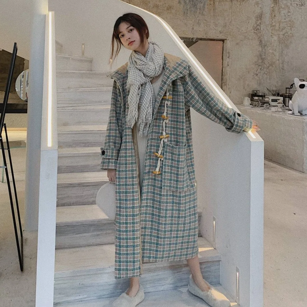 Photo Shoot CHIC Literature And Art Retro Contrast Color Plaid Loose And Plus-sized Long Hooded Toggle Woolen Cloth Coat Women's 
Photo Shoot CHIC Literature And Art Retro Contrast Color Plaid Loose And Plus-sized Long Hooded Toggle Woolen Cloth Coat Women's