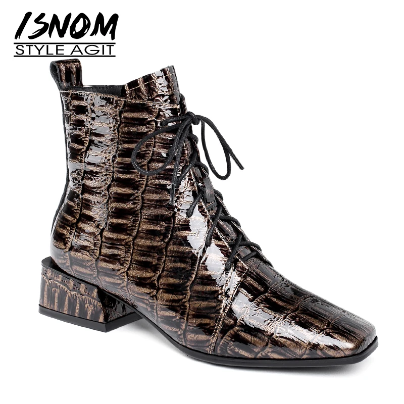 ISNOM/ботильоны из коровьей кожи женские ботинки на толстом каблуке обувь с