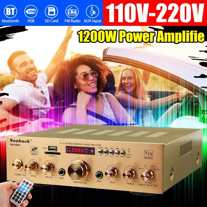 1200W Amplifier HIFI Audio Stereo DC bluetooth MP3/FM Radio Audio Power Amplifier USB SD 2* Mic input for Car Home Truck KTV
1200W Amplifier HIFI Audio Stereo DC bluetooth MP3/FM Radio Audio Power Amplifier USB SD 2* Mic input for Car Home Truck KTV