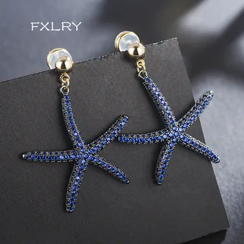 

FXLRY New Creative Micro-inlaid Blue Cubic Zircon Simple Personality Starfish Big Earrings For Fashion Jewelry