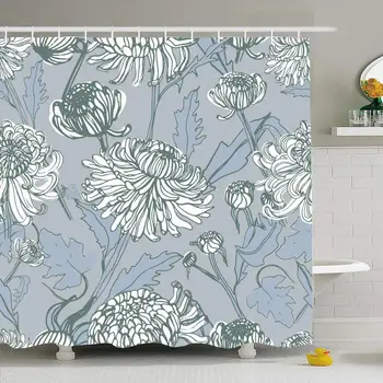 Shower Curtain Set with Hooks 66x72 Japanese Chrysanthemum Flowers White Leaves Hand Autumn Drawn Asia Green Pattern Nature