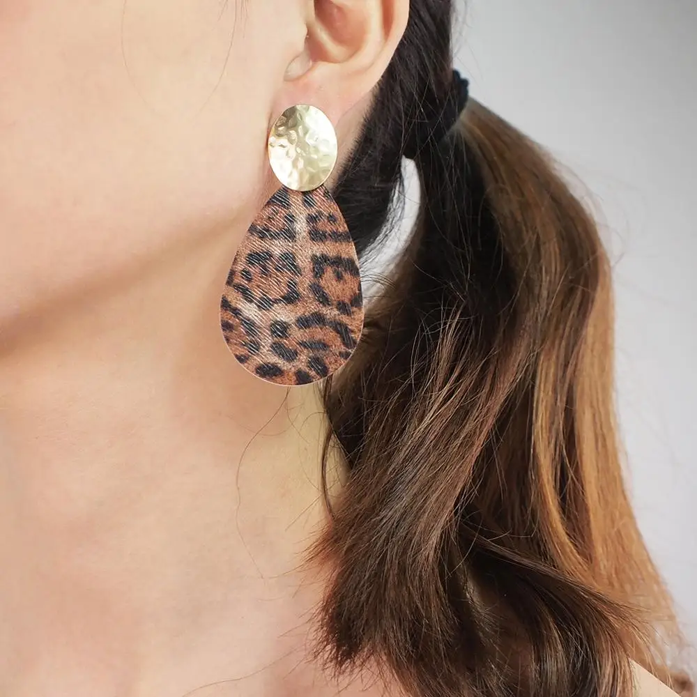 MANILAI Leopard Print Teardrop Leather Earrings for Women Golden Metal Statement Dangle Drop Bijoux femme 2020 | Украшения и