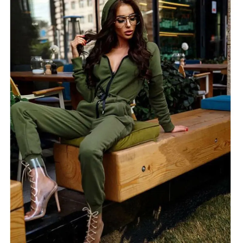 Autumn New Fashion Women Casual Hooded Zipper Jumpsuit Female Solid Color Long Sleeve Streetwear Drawstring Jogging Tracksuit | Женская