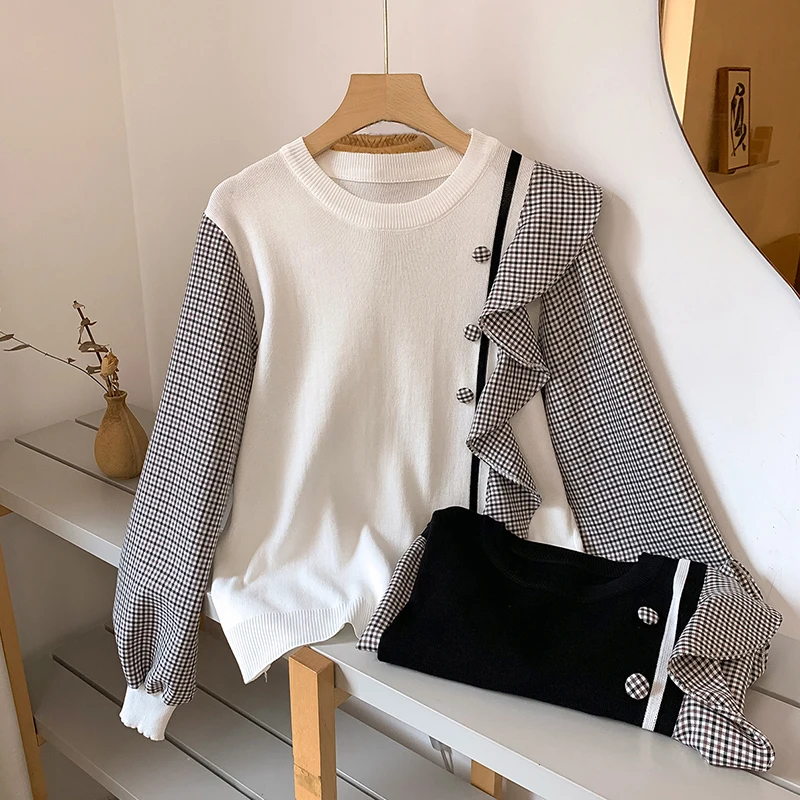 2021 spring New Arrival long sleeve plus size houndstooth vintage style Patchwork pullover wool sweater Blouse sweatshirt female
2021 spring New Arrival long sleeve plus size houndstooth vintage style Patchwork pullover wool sweater Blouse sweatshirt female