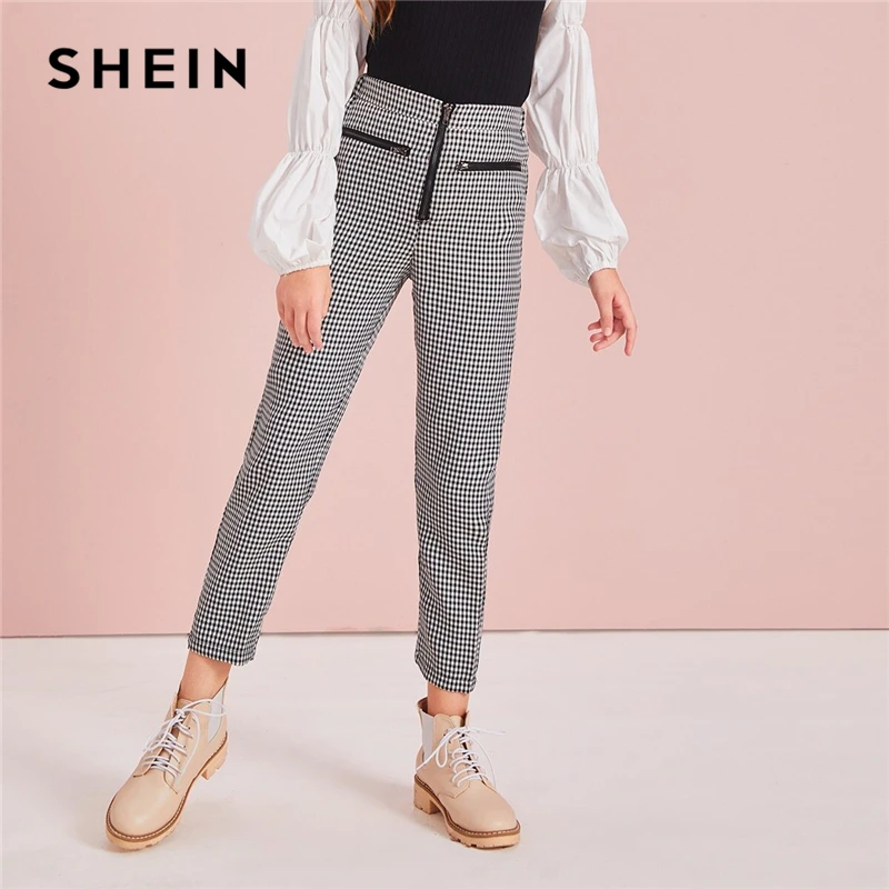 

SHEIN Kiddie Girls Black And White Gingham Print Preppy Pants Kids Bottoms 2019 Autumn Zipper Fly Straight Leg Casual Trousers