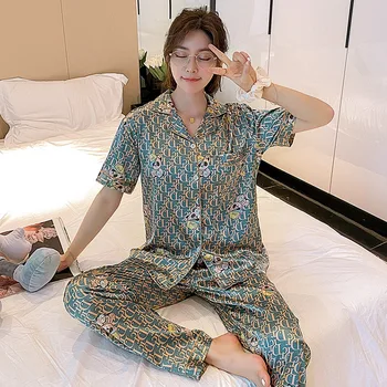 2020 Summer Silk Satin Short Sleeve Long Pants Pajama Sets for Women Print Sleepwear Suit Pyjamas Homewear Pijama Mujer Clothes
2020 Summer Silk Satin Short Sleeve Long Pants Pajama Sets for Women Print Sleepwear Suit Pyjamas Homewear Pijama Mujer Clothes